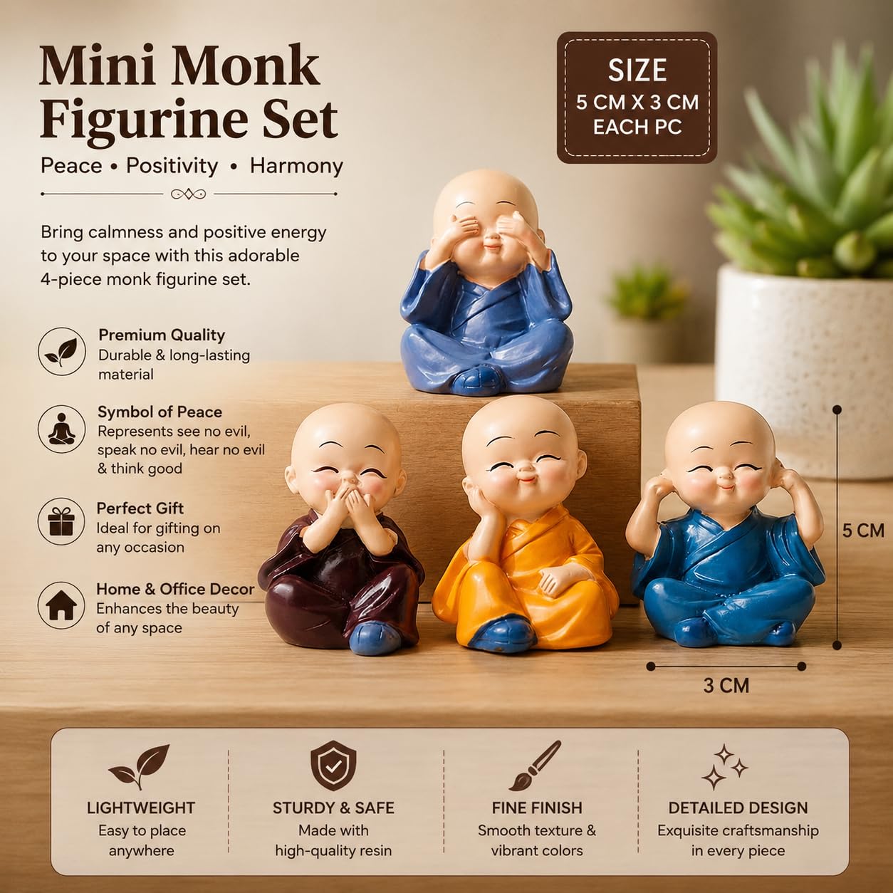 Mini Monk Figurine Set of 4 for Home Decor