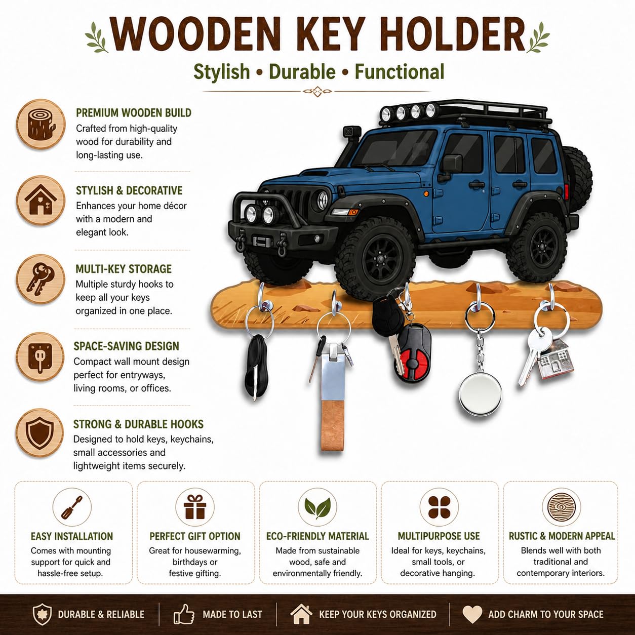 Printed Antique HD UV Blue Mahindra Thar Car Shape Designer Wooden Key with 5 Hooks