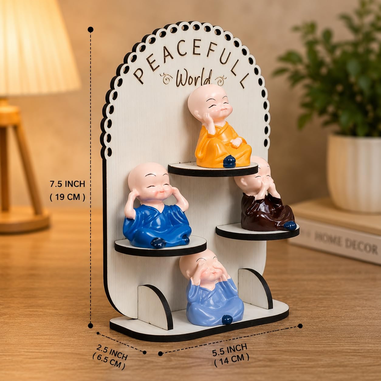 Peaceful World 4 Monk Figurine Showpiece with Wooden Stand