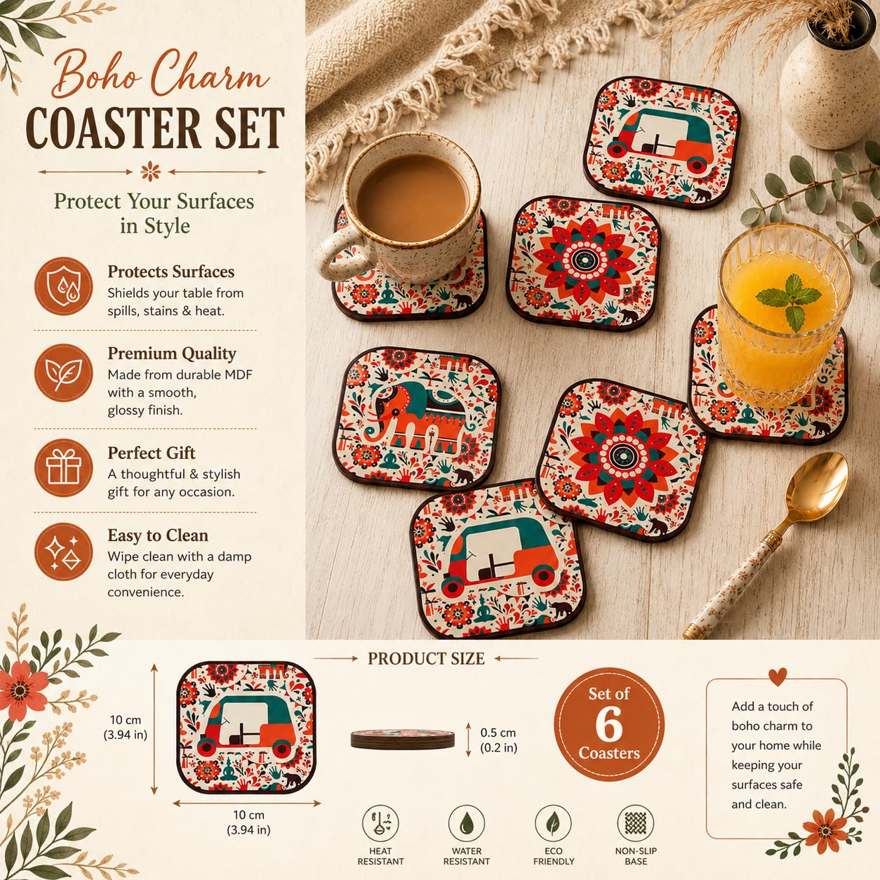 Motivational MDF Wooden Tea Coasters Set of 6 with Holder