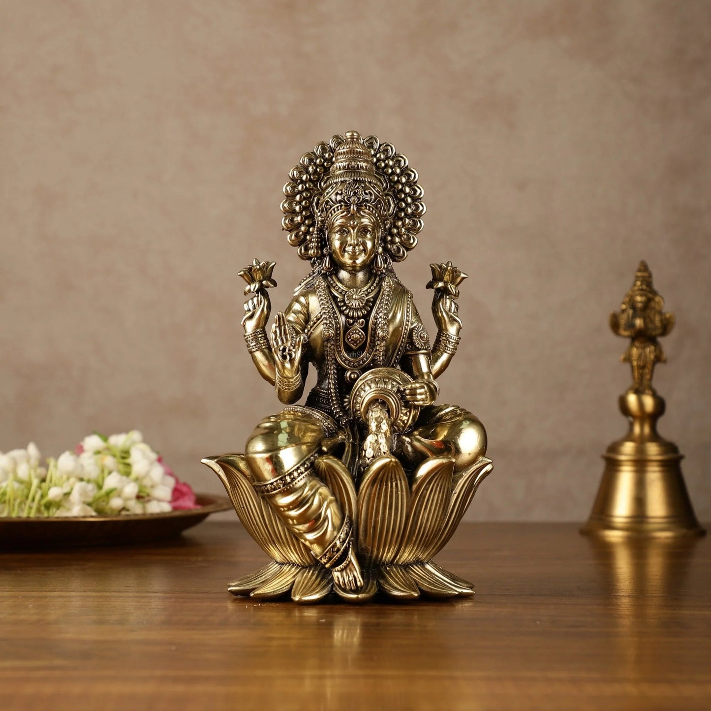 Brass Goddess Dhan Lakshmi Idol on Lotus