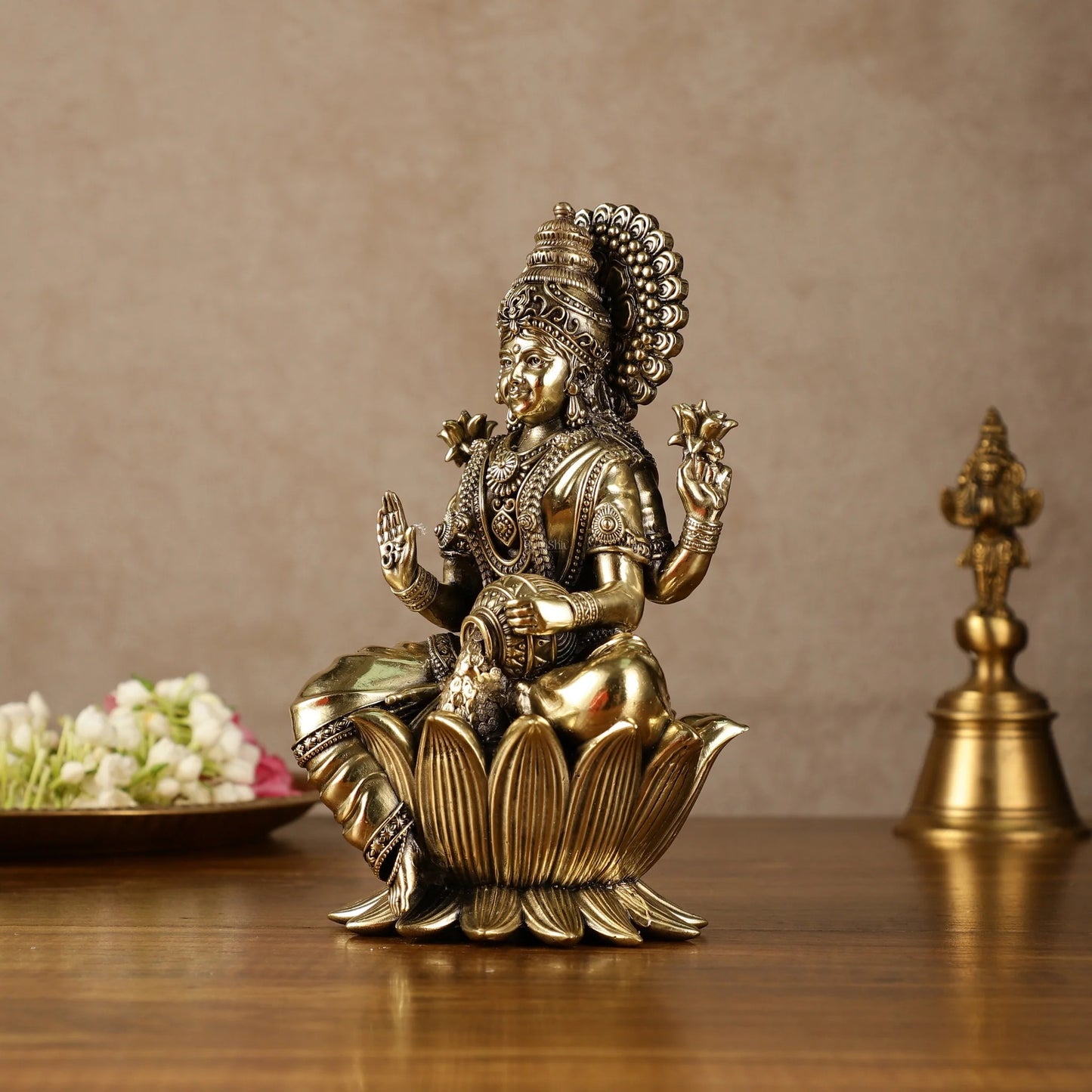 Brass Goddess Dhan Lakshmi Idol on Lotus