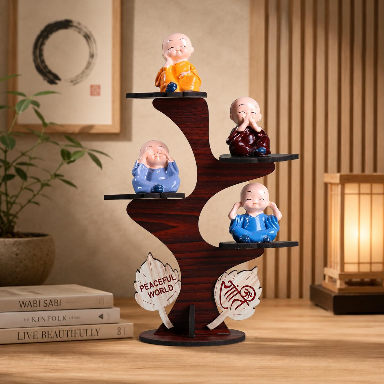 Wooden 4 Buddha Monk Figurine Table Decor Showpiece