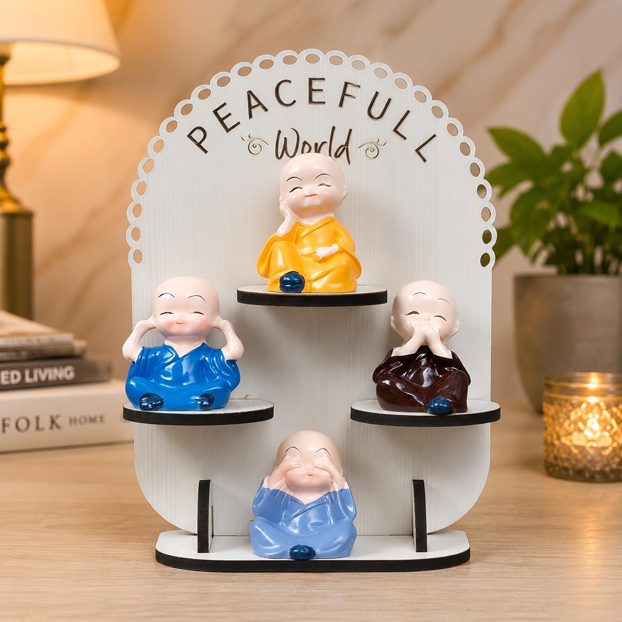 Peaceful World 4 Monk Figurine Showpiece with Wooden Stand