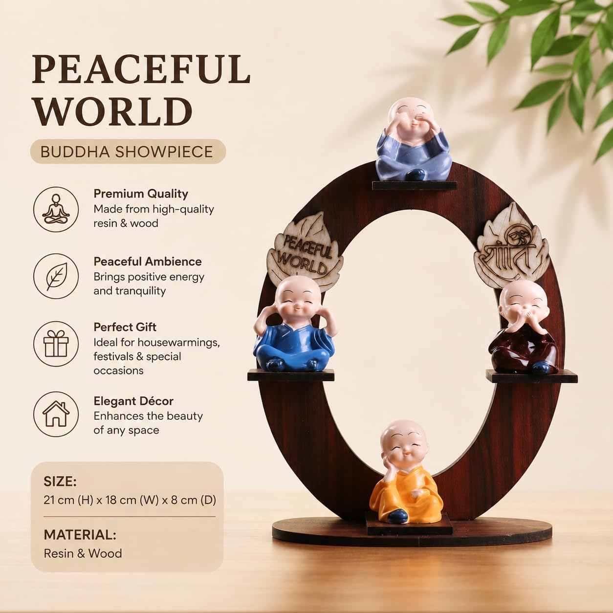 Wooden 4 Buddha Monk Figurine Table Decor Showpiece