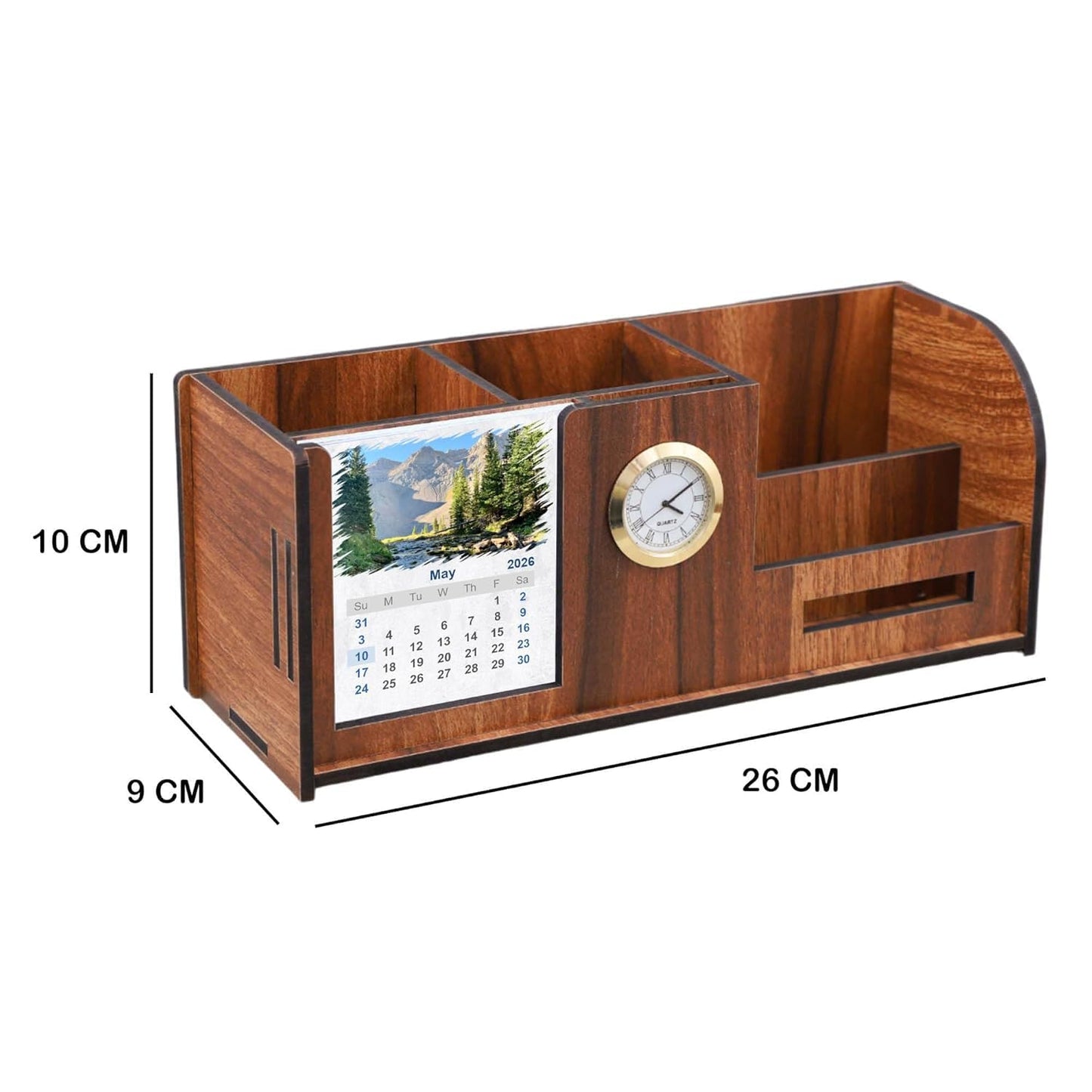 Wooden Desk Organizer with Clock & Calendar