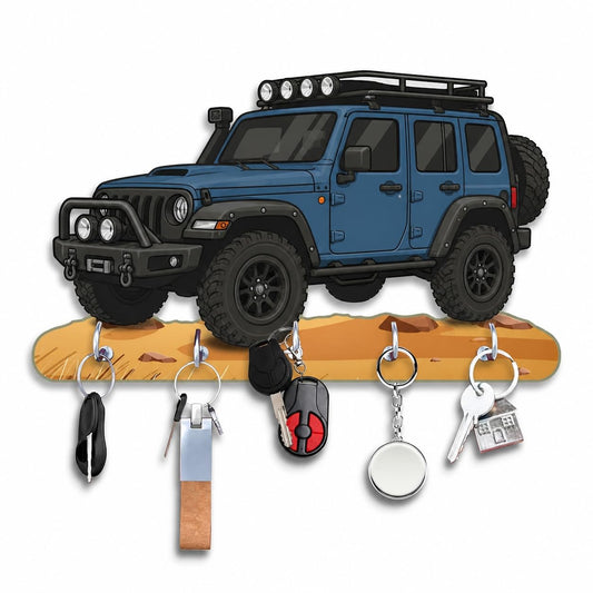 Printed Antique HD UV Blue Mahindra Thar Car Shape Designer Wooden Key with 5 Hooks