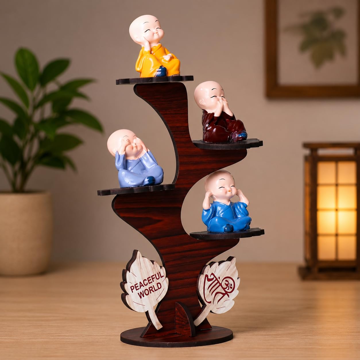 Wooden 4 Buddha Monk Figurine Table Decor Showpiece