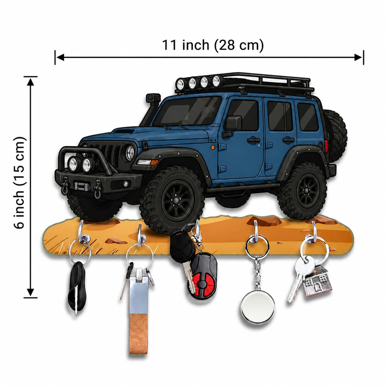 Printed Antique HD UV Blue Mahindra Thar Car Shape Designer Wooden Key with 5 Hooks