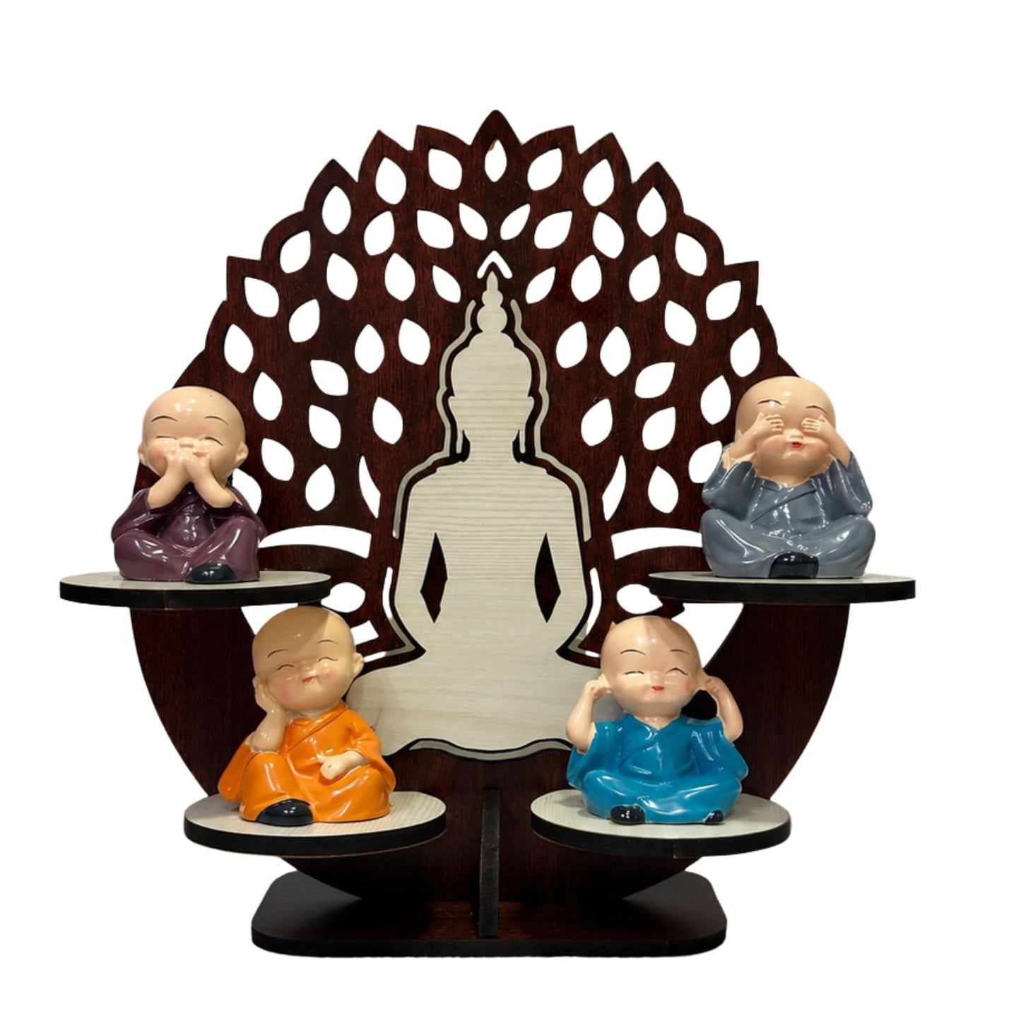 4 Monk Buddha Showpiece with Wooden Lotus Backdrop for Home Decor
