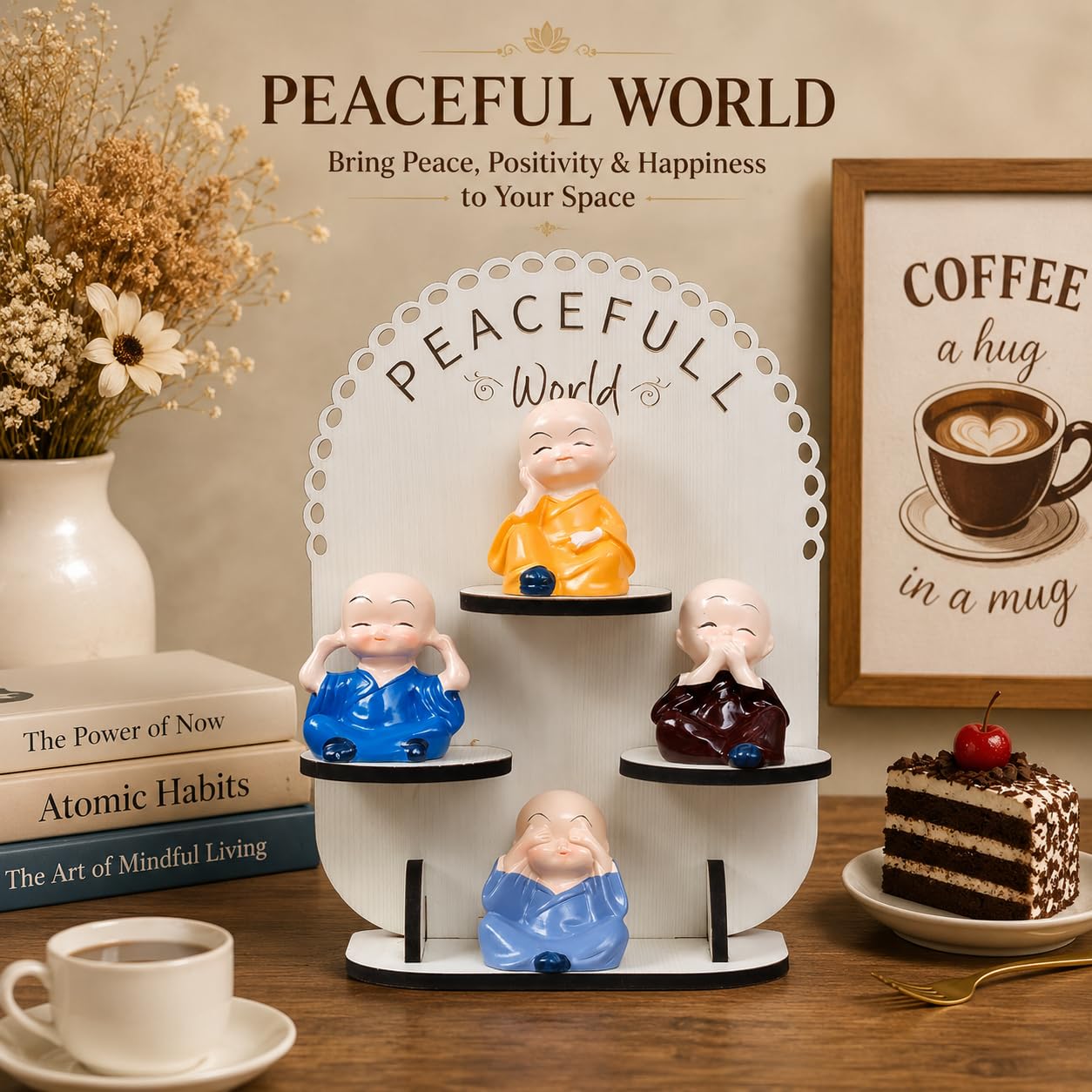 Peaceful World 4 Monk Figurine Showpiece with Wooden Stand