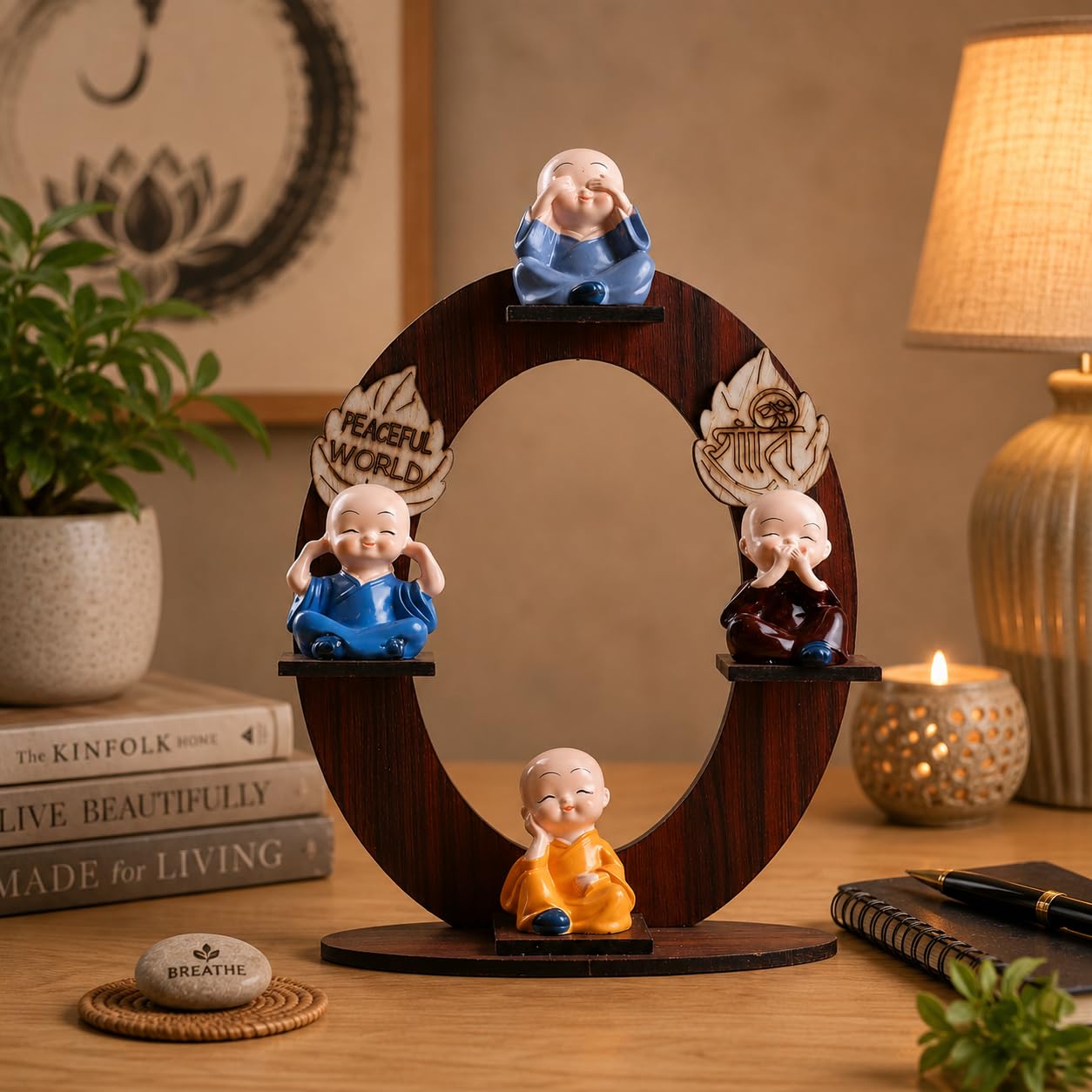 Wooden 4 Buddha Monk Figurine Table Decor Showpiece