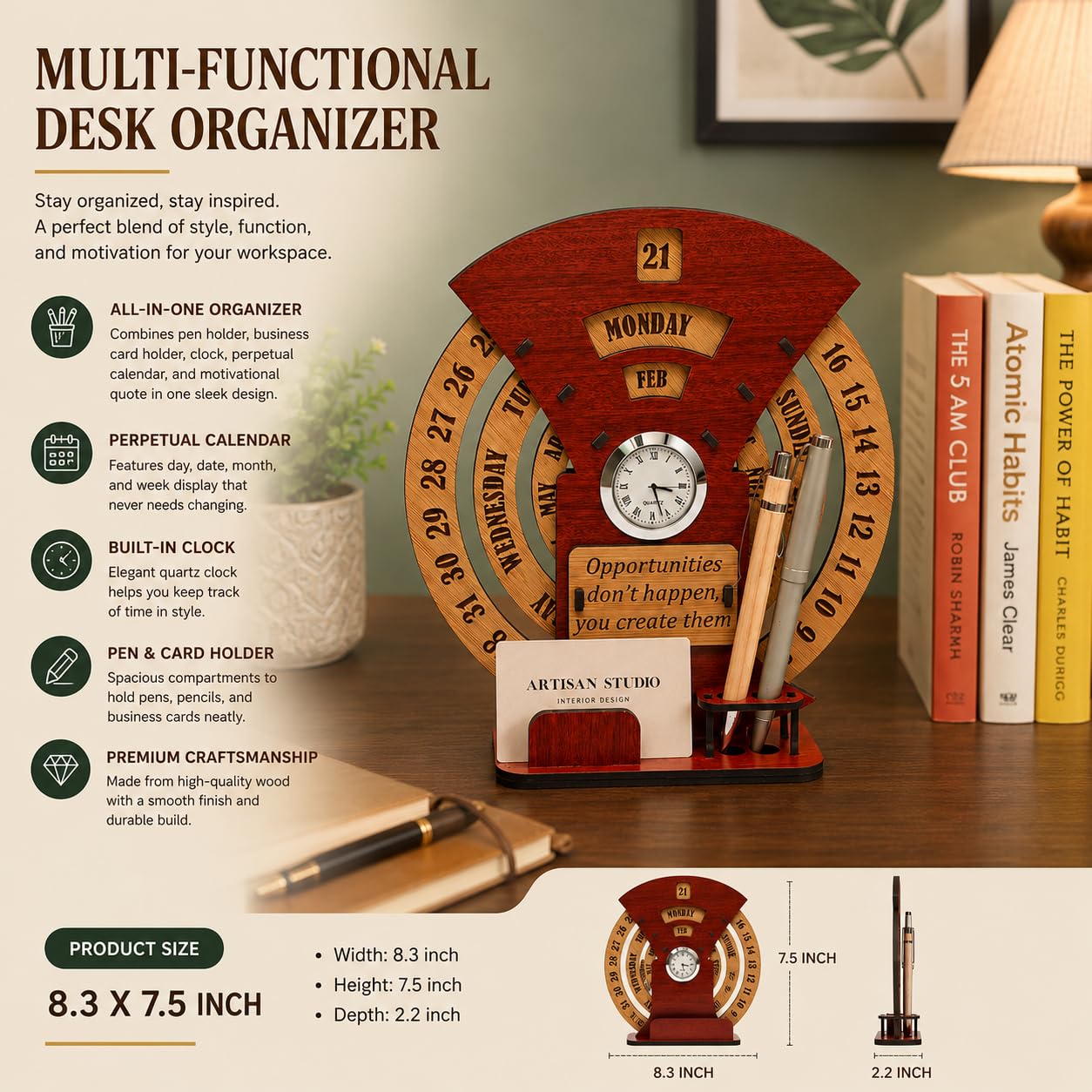 Wooden Perpetual Desk Calendar with Analog Clock & Pen Holder