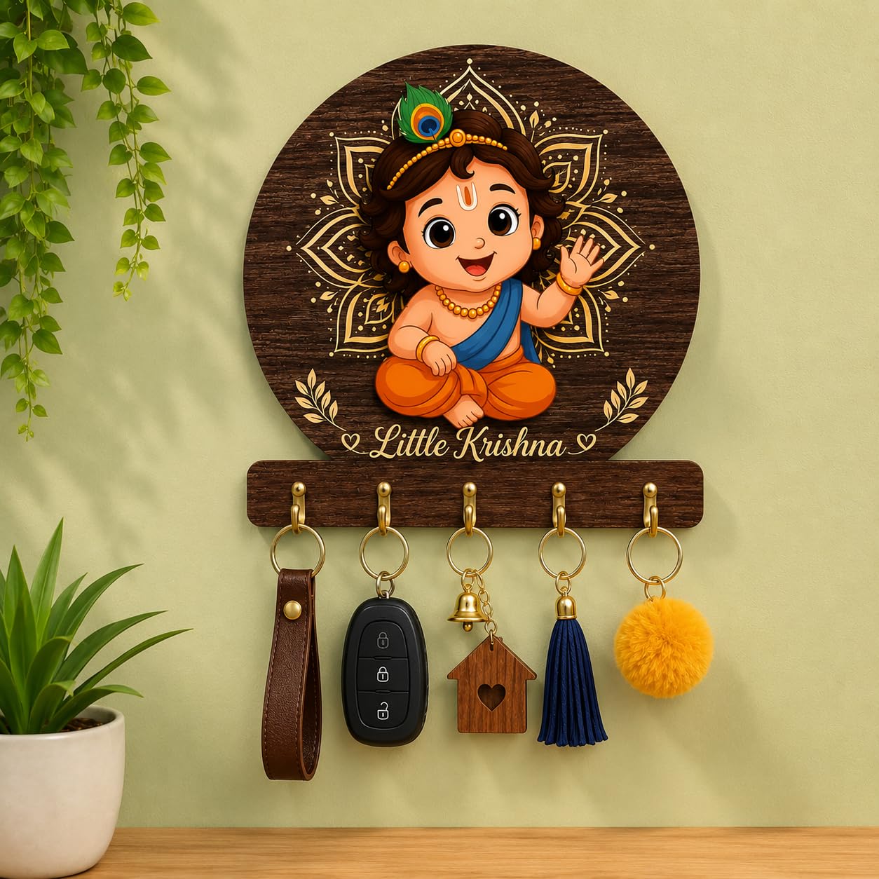 Little Krishna Wooden Key Holder for Wall Decorative MDF Key Stand with 5 Hooks