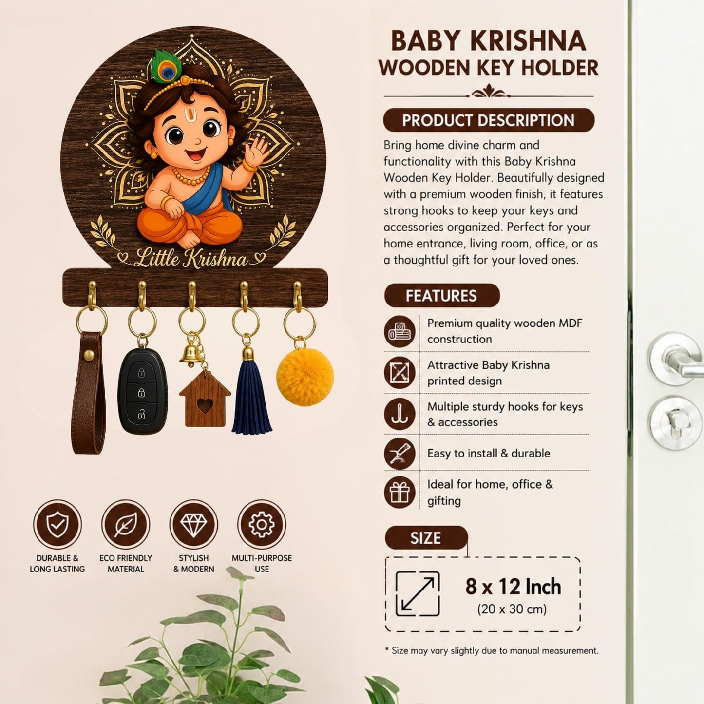 Little Krishna Wooden Key Holder for Wall Decorative MDF Key Stand with 5 Hooks