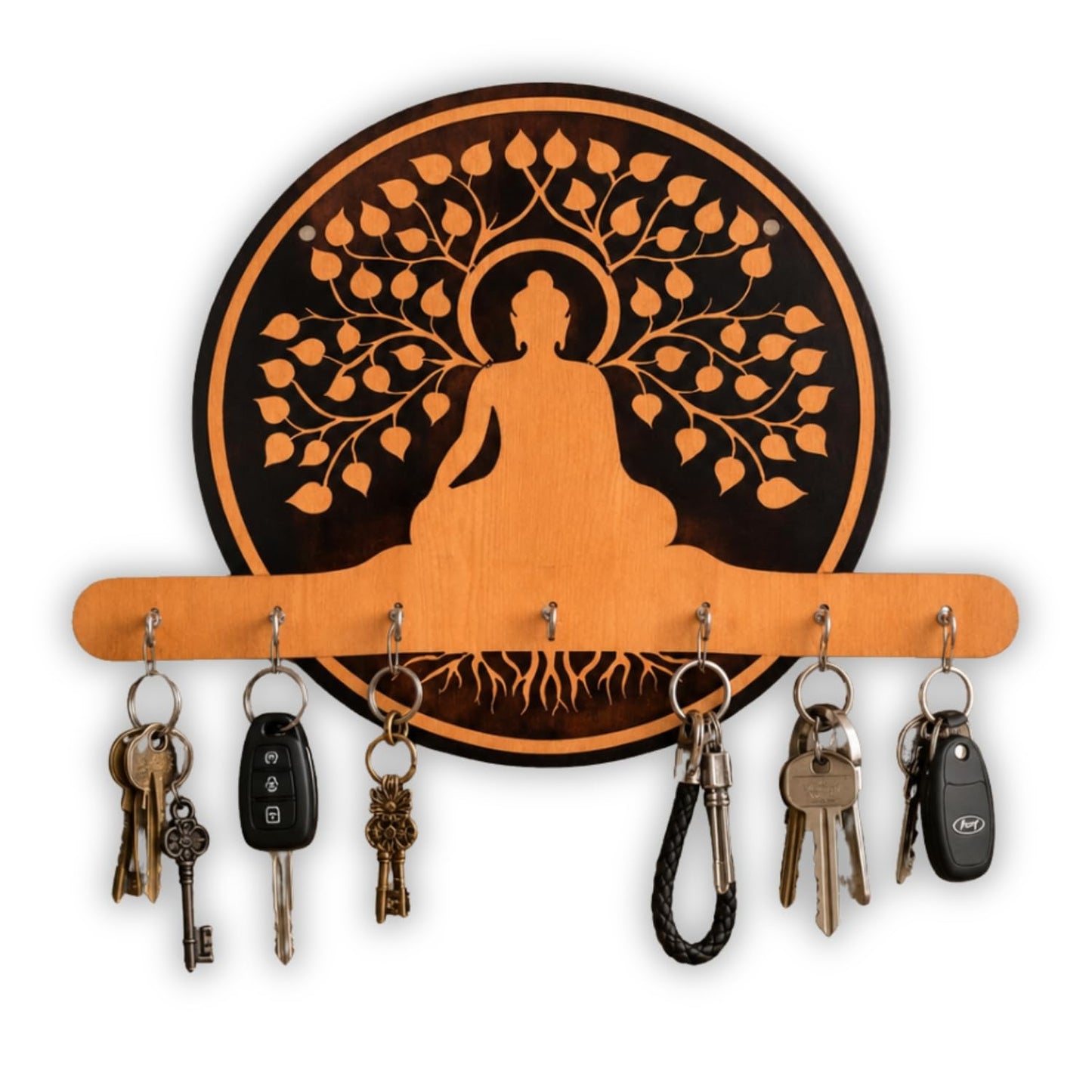 Buddha Wooden Key Holder for Wall | Decorative MDF Key Stand with 7 Hooks