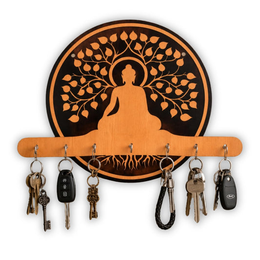 Buddha Wooden Key Holder for Wall | Decorative MDF Key Stand with 7 Hooks