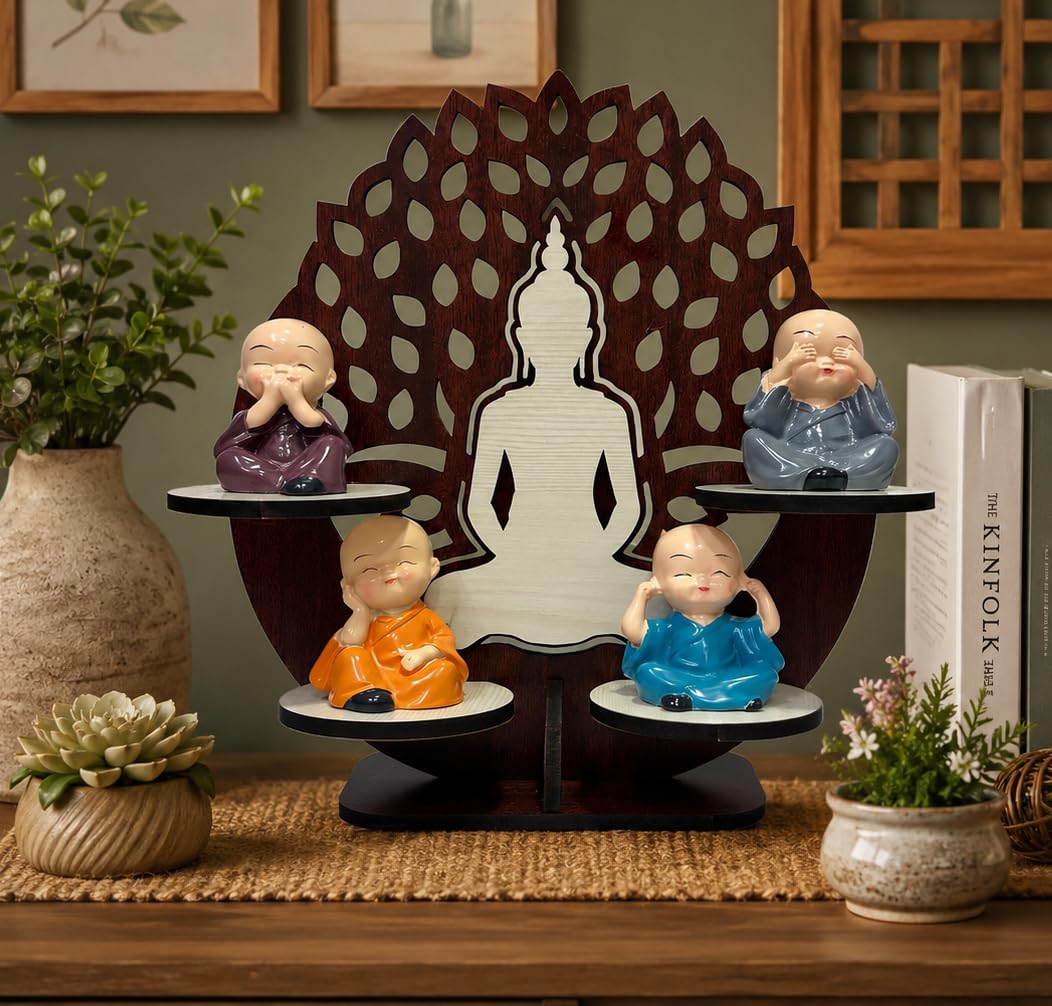 4 Monk Buddha Showpiece with Wooden Lotus Backdrop for Home Decor