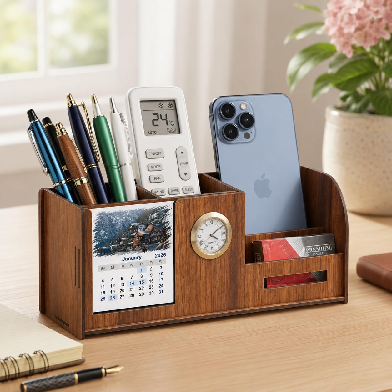 Wooden Desk Organizer with Clock & Calendar