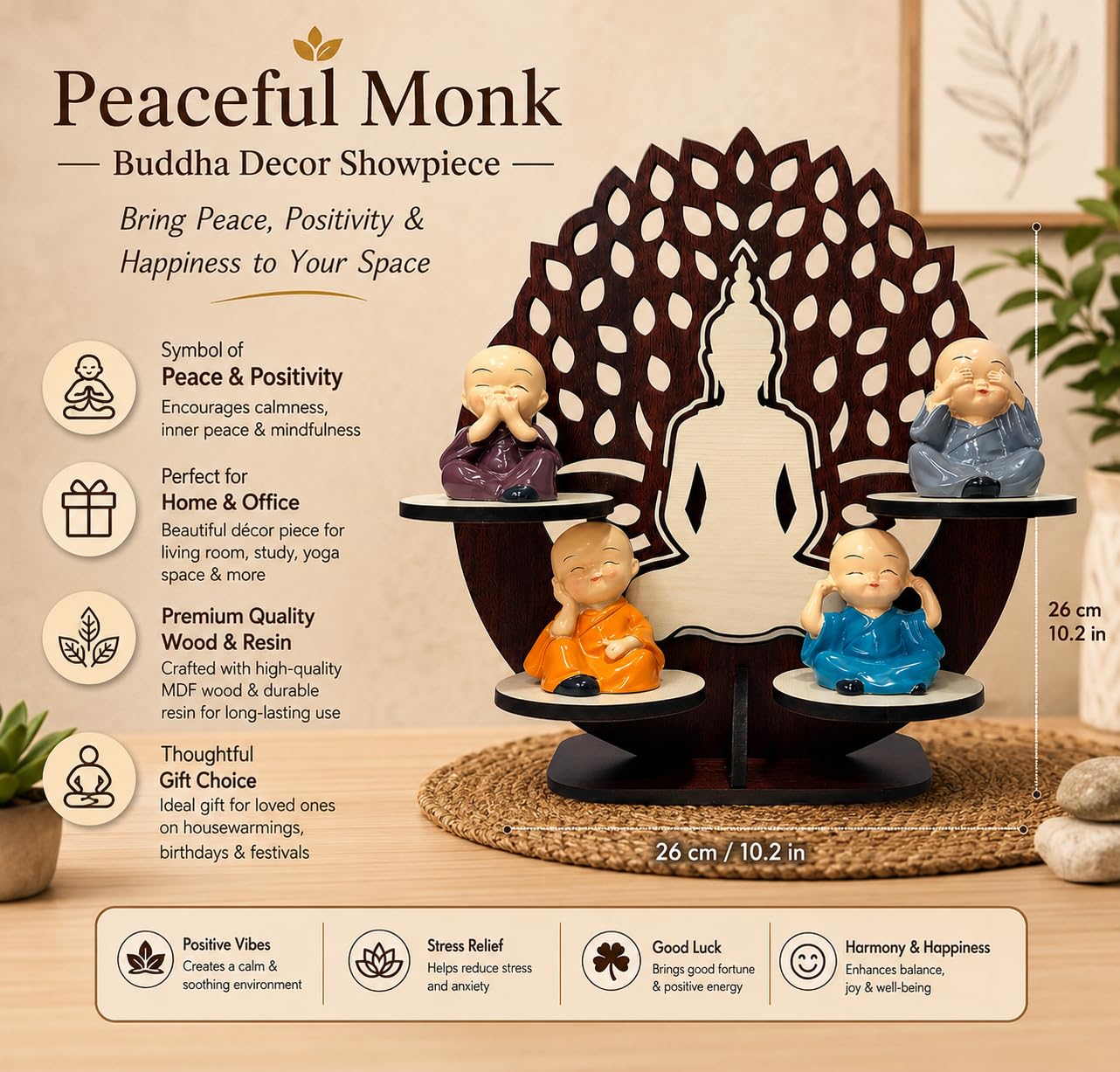 4 Monk Buddha Showpiece with Wooden Lotus Backdrop for Home Decor
