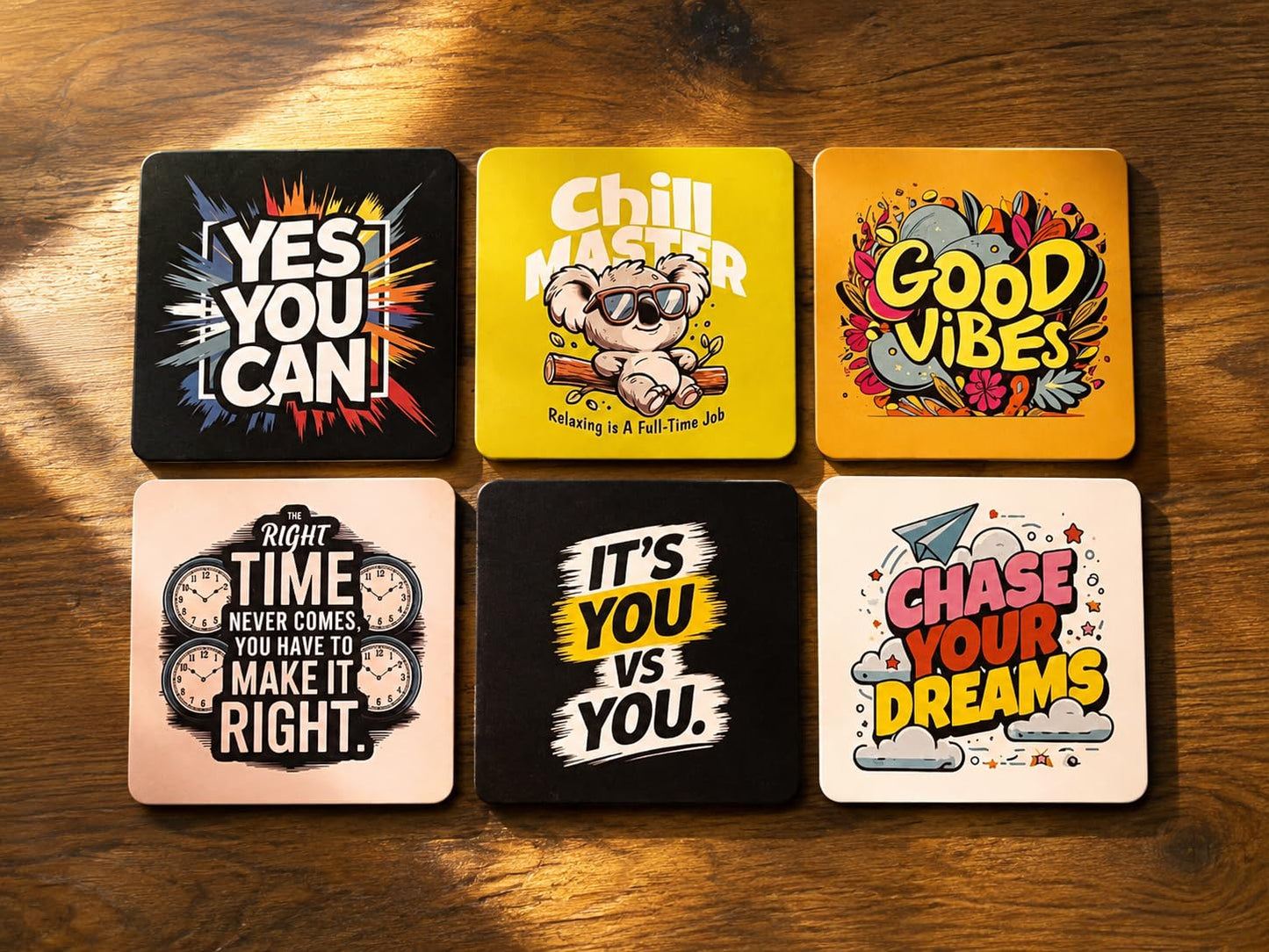 Motivational MDF Wooden Tea Coasters Set of 6 with Holder