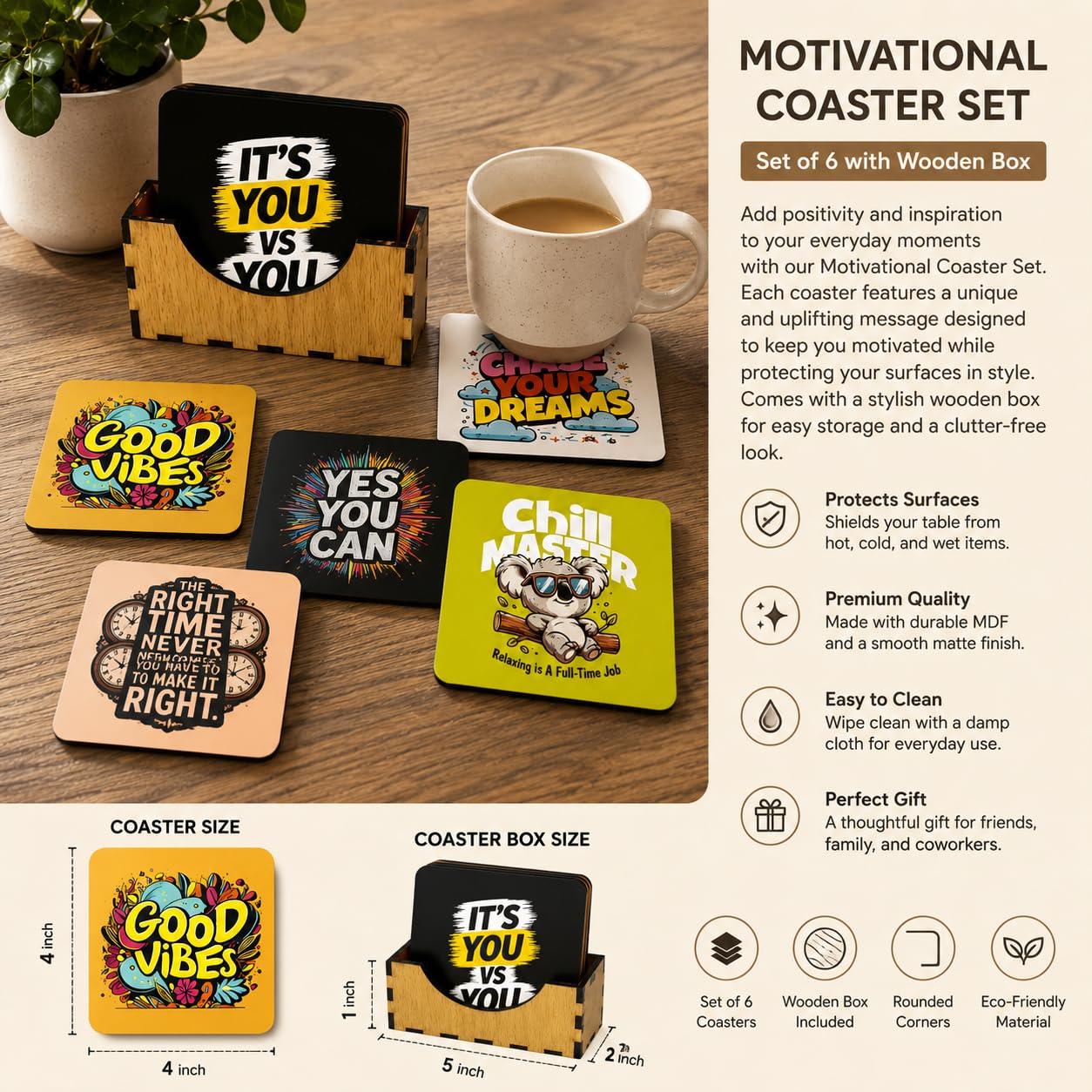 Motivational MDF Wooden Tea Coasters Set of 6 with Holder
