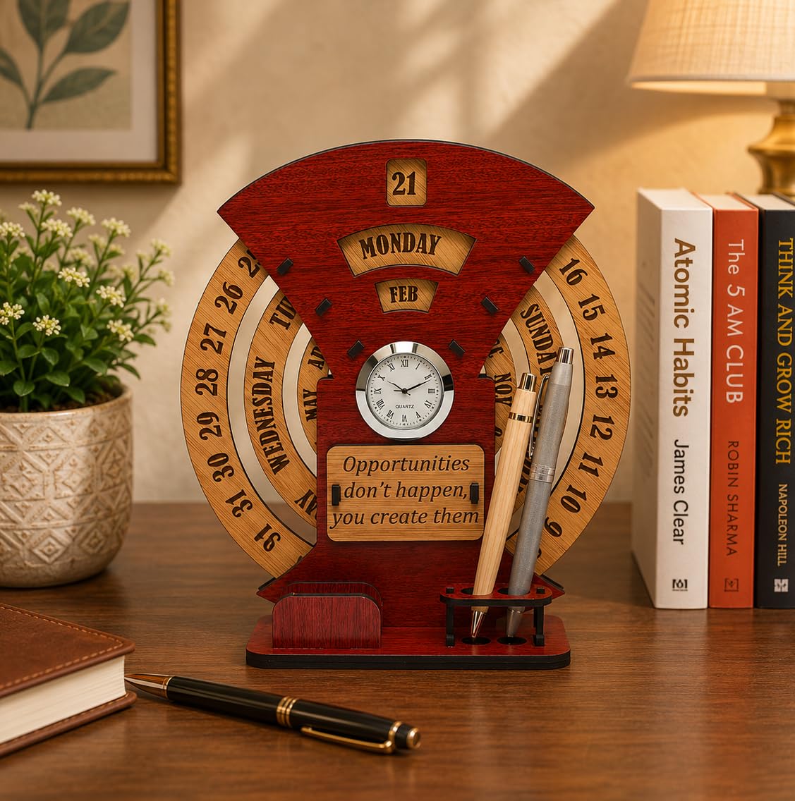 Wooden Perpetual Desk Calendar with Analog Clock & Pen Holder