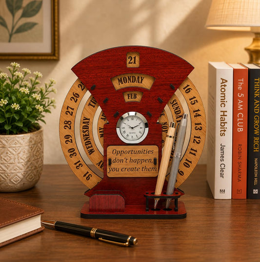 Wooden Perpetual Desk Calendar with Analog Clock & Pen Holder