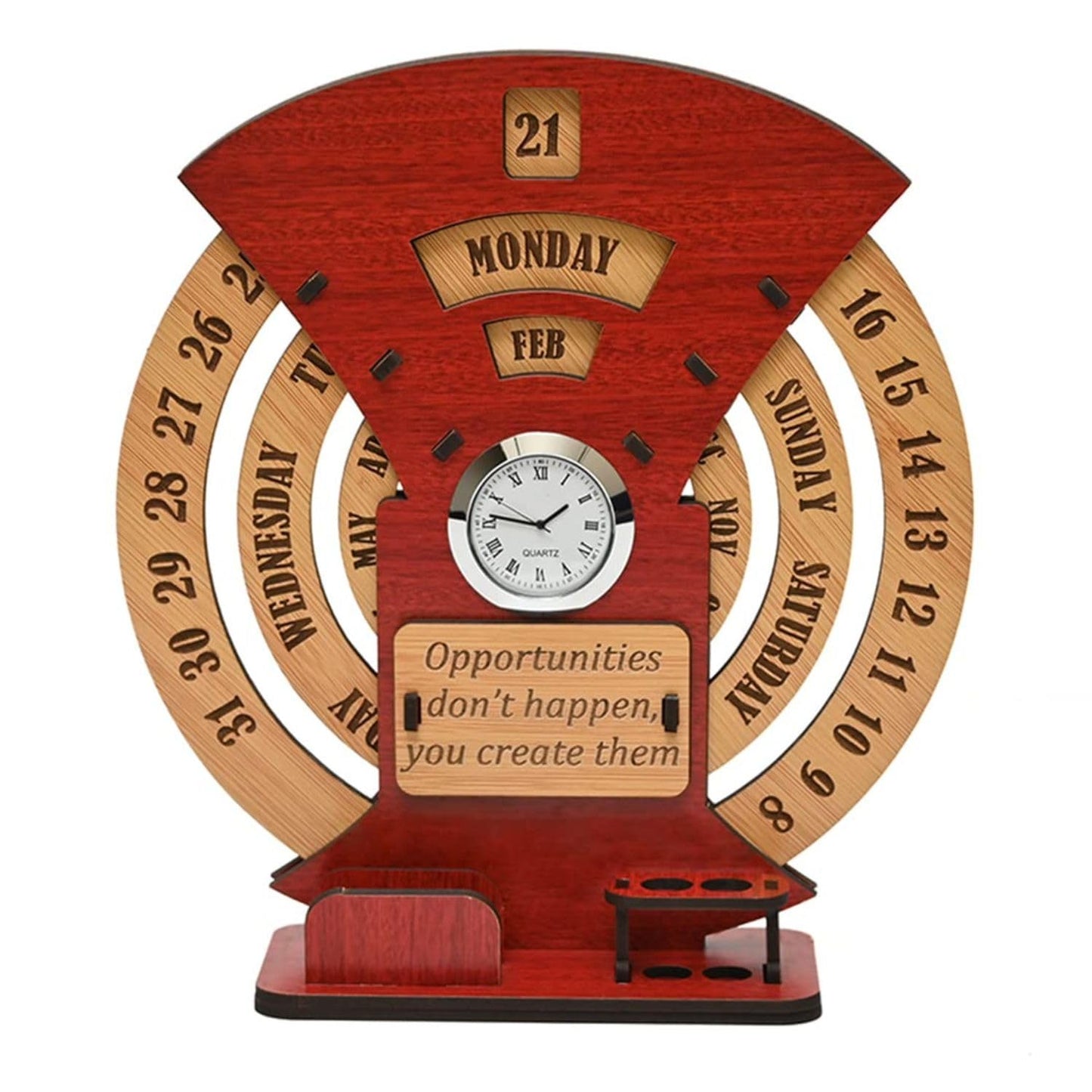 Wooden Perpetual Desk Calendar with Analog Clock & Pen Holder