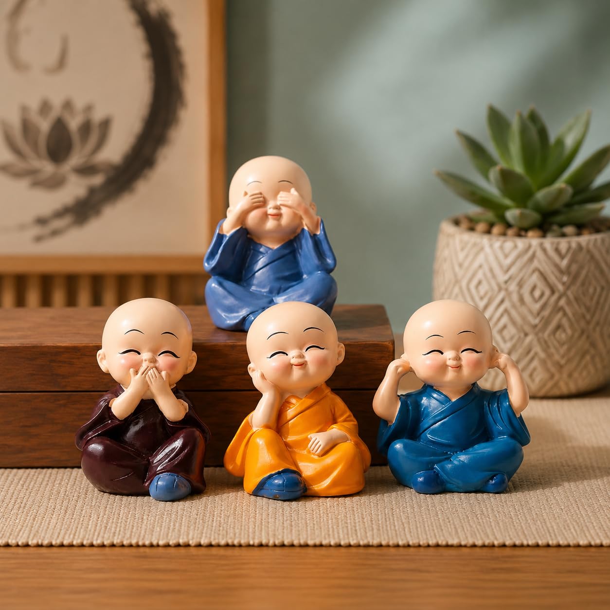 Mini Monk Figurine Set of 4 for Home Decor