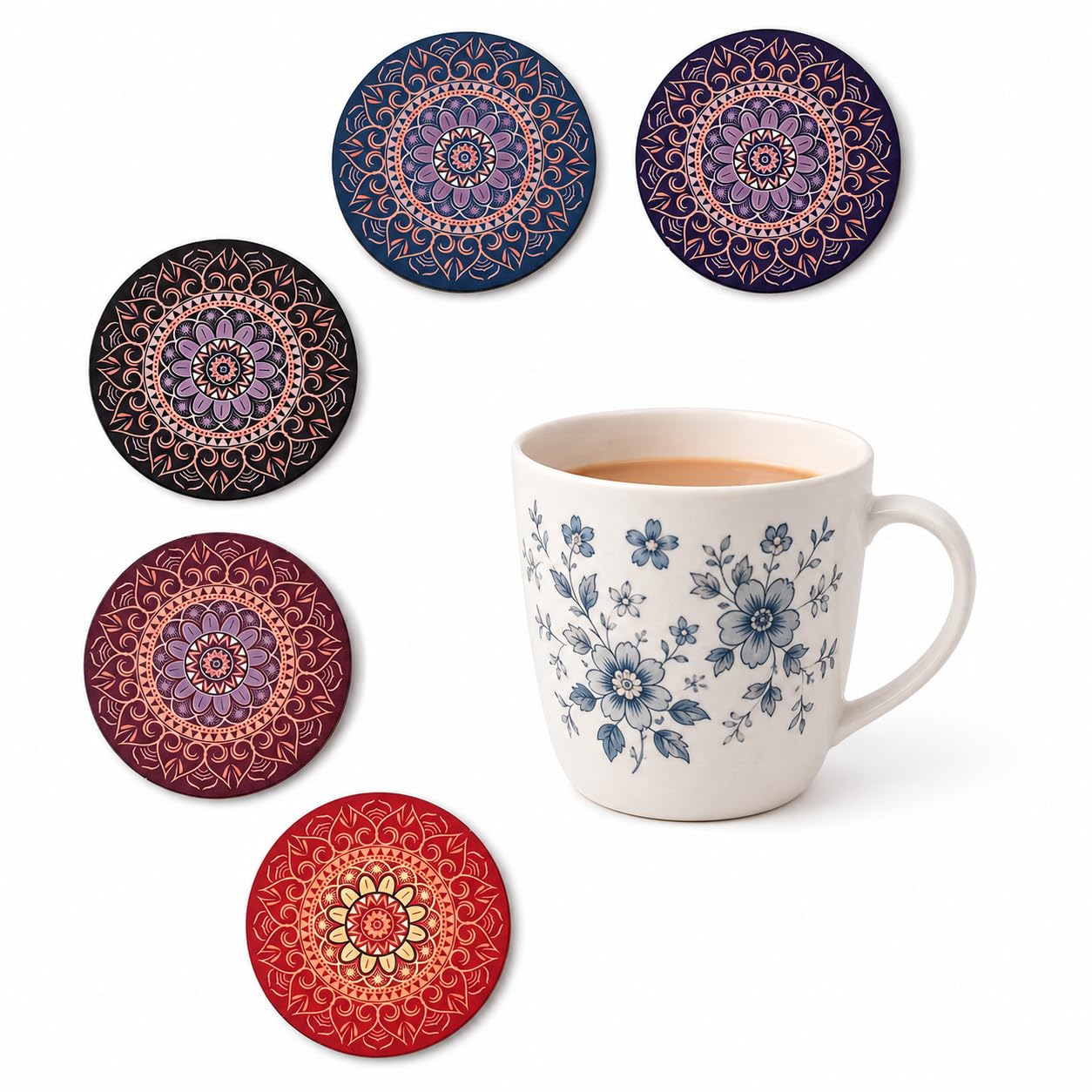 Mandala Art Wooden Tea Coasters Set OF 6 with Holder