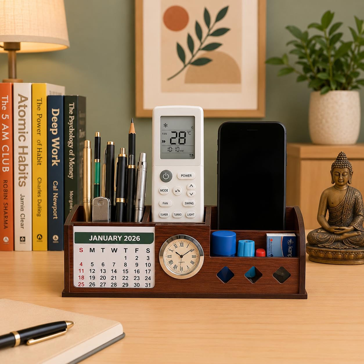 Wooden Desk Organizer with Mobile Stand, Pen Holder