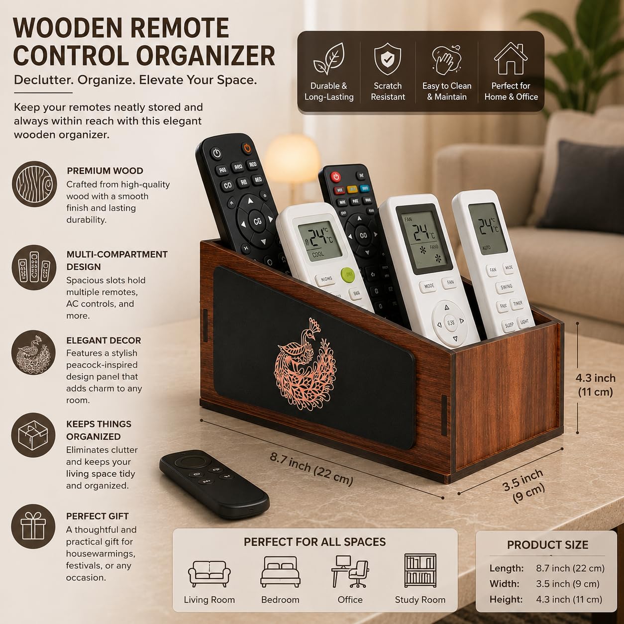 Remote Stand with 3 Sections Elegant Wooden Remote Control Organizer