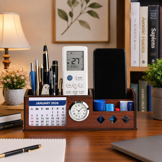 Wooden Desk Organizer with Mobile Stand, Pen Holder