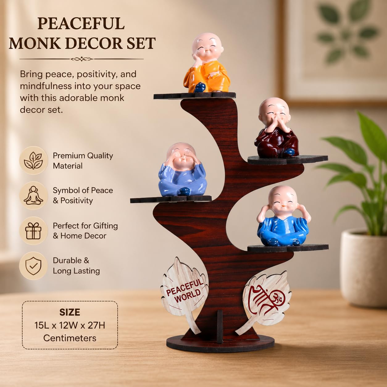 Wooden 4 Buddha Monk Figurine Table Decor Showpiece