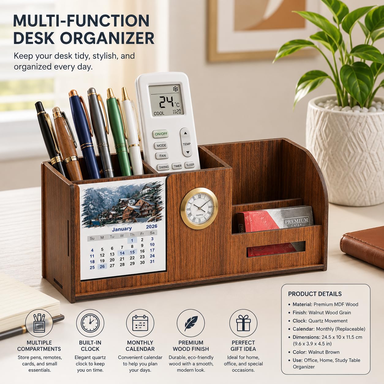 Wooden Desk Organizer with Clock & Calendar