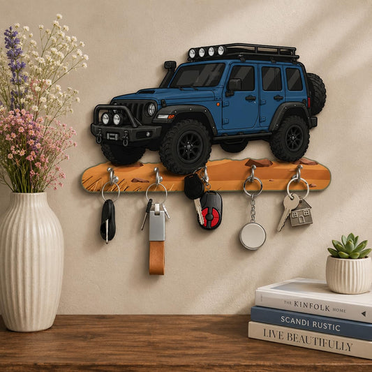Printed Antique HD UV Blue Mahindra Thar Car Shape Designer Wooden Key with 5 Hooks