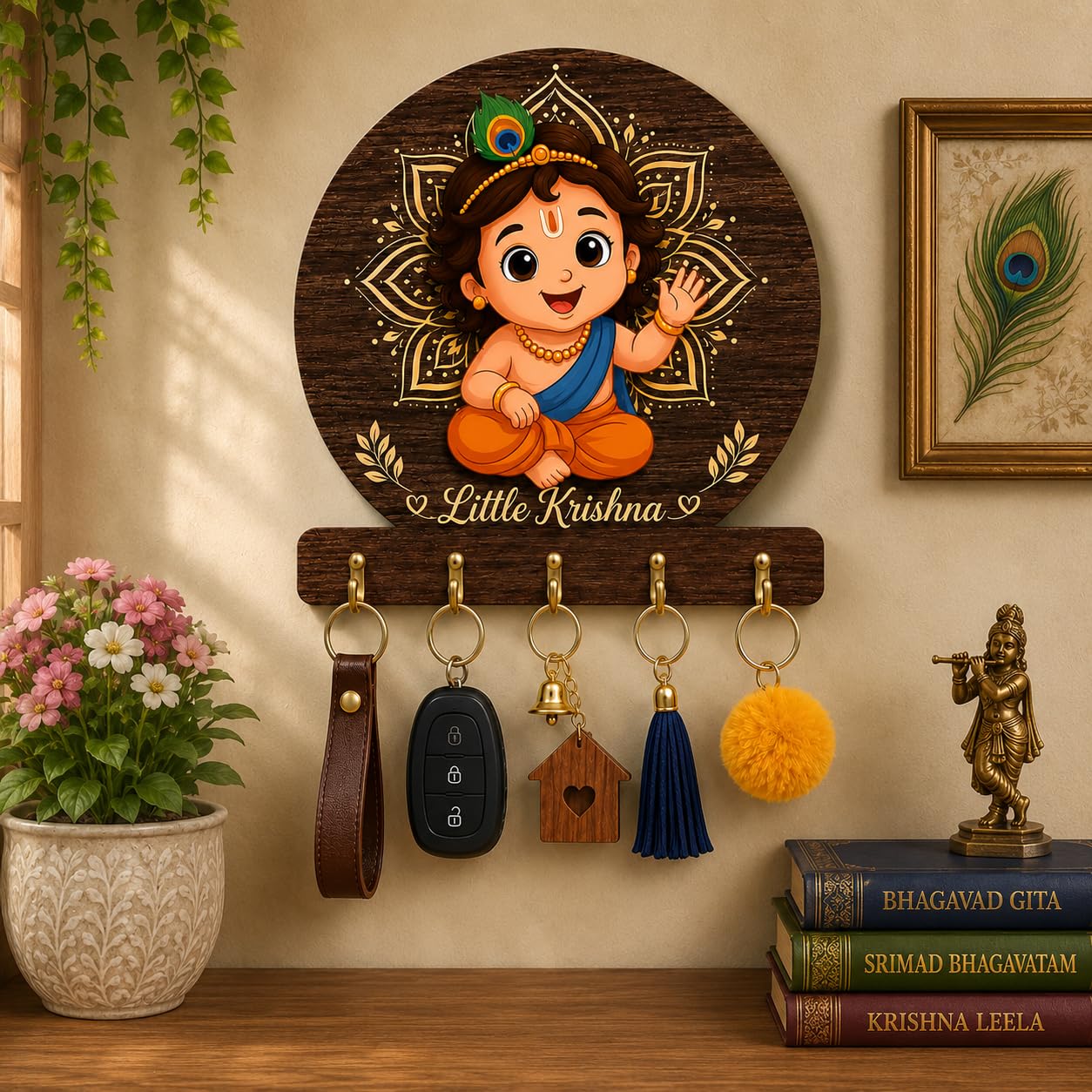 Little Krishna Wooden Key Holder for Wall Decorative MDF Key Stand with 5 Hooks