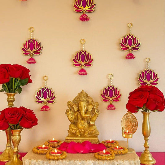 Handmade Engineered Wood Wall Decor Lotus with jhumki Style Hanging Items for Home Pooja Deocration Items for Diwali Decor