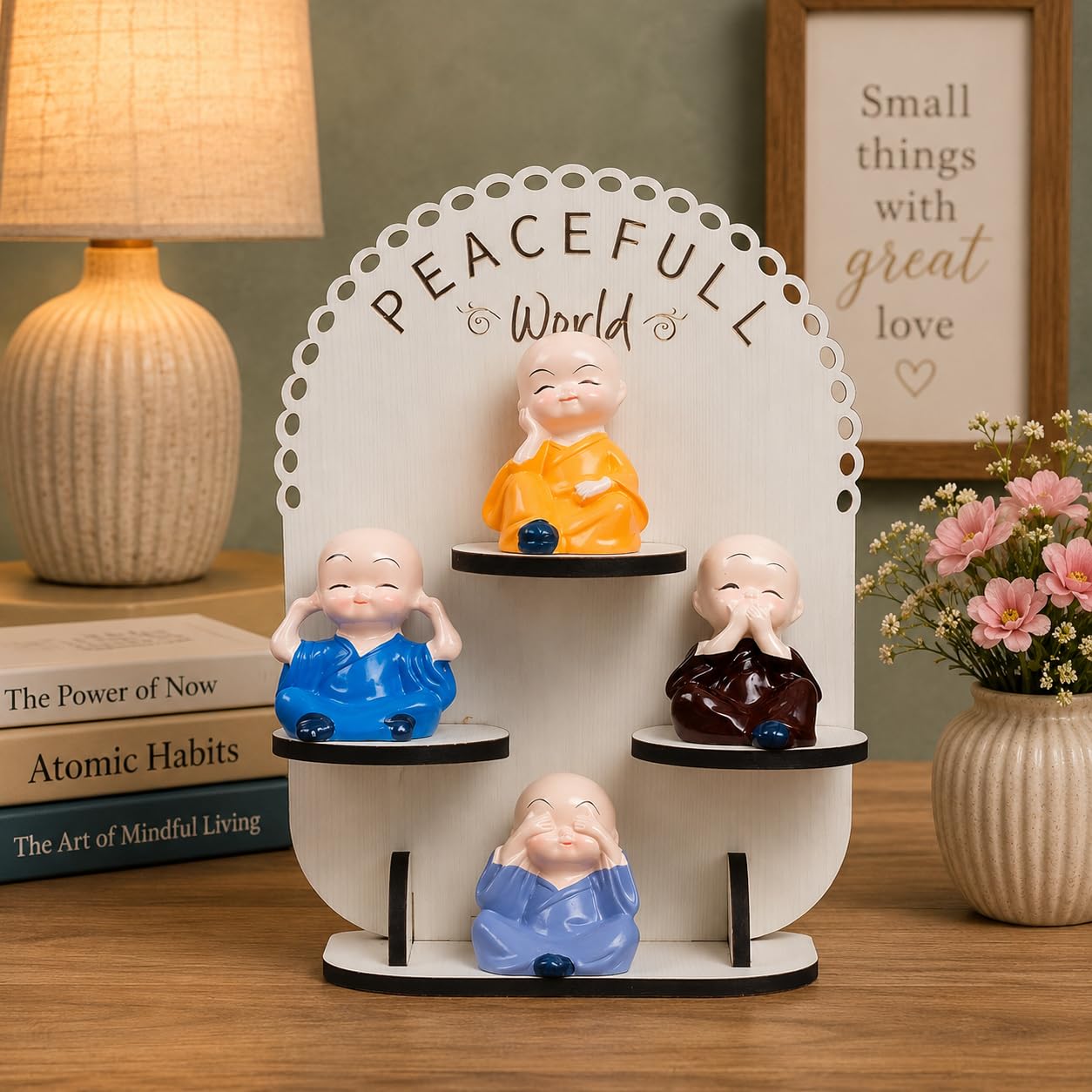 Peaceful World 4 Monk Figurine Showpiece with Wooden Stand