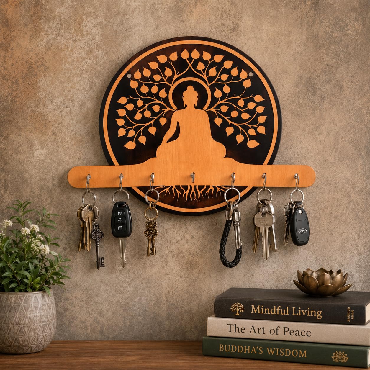 Buddha Wooden Key Holder for Wall | Decorative MDF Key Stand with 7 Hooks