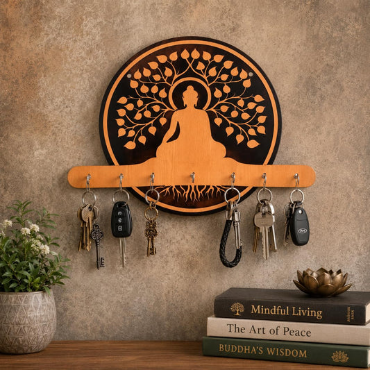 Buddha Wooden Key Holder for Wall | Decorative MDF Key Stand with 7 Hooks