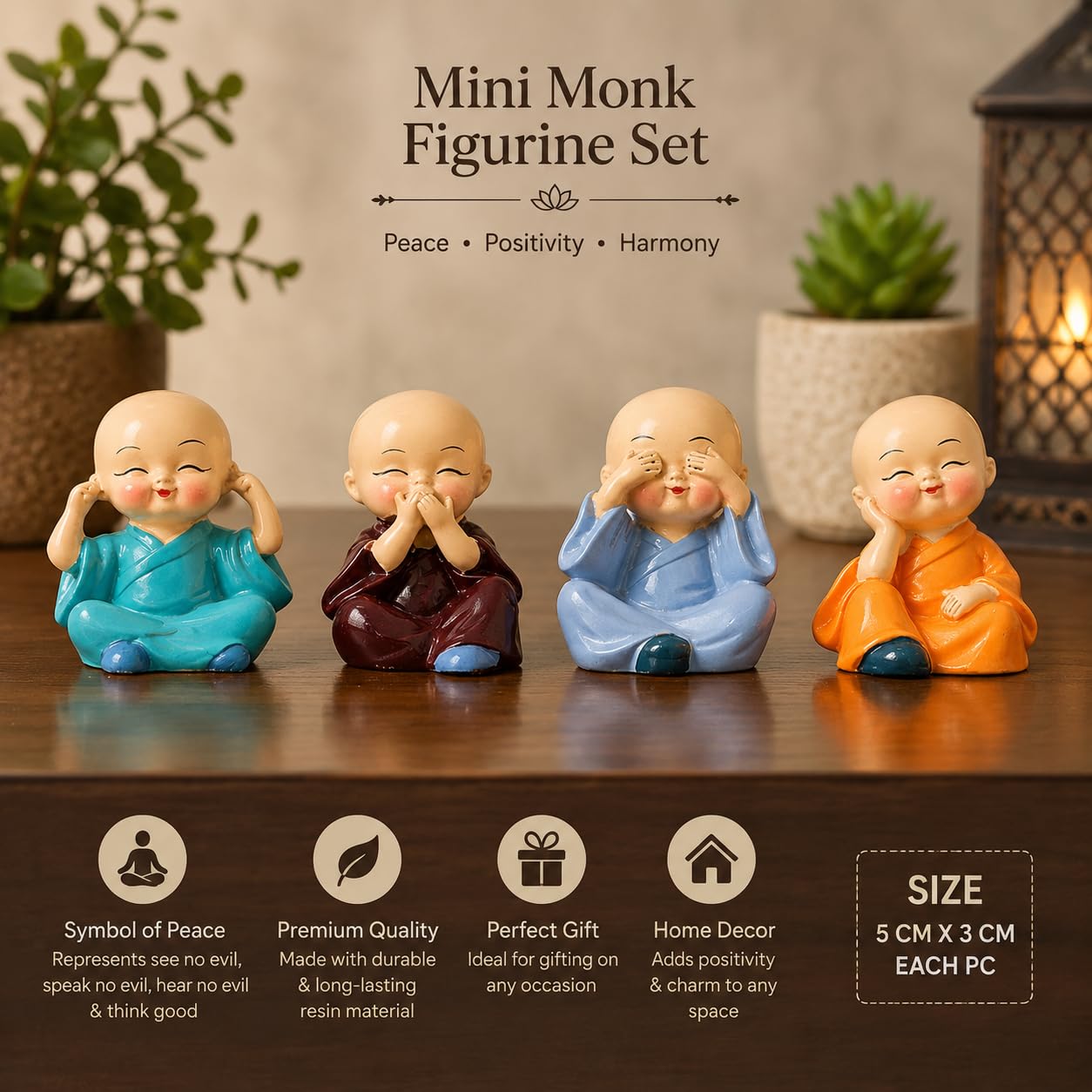Mini Monk Figurine Set of 4 for Home Decor