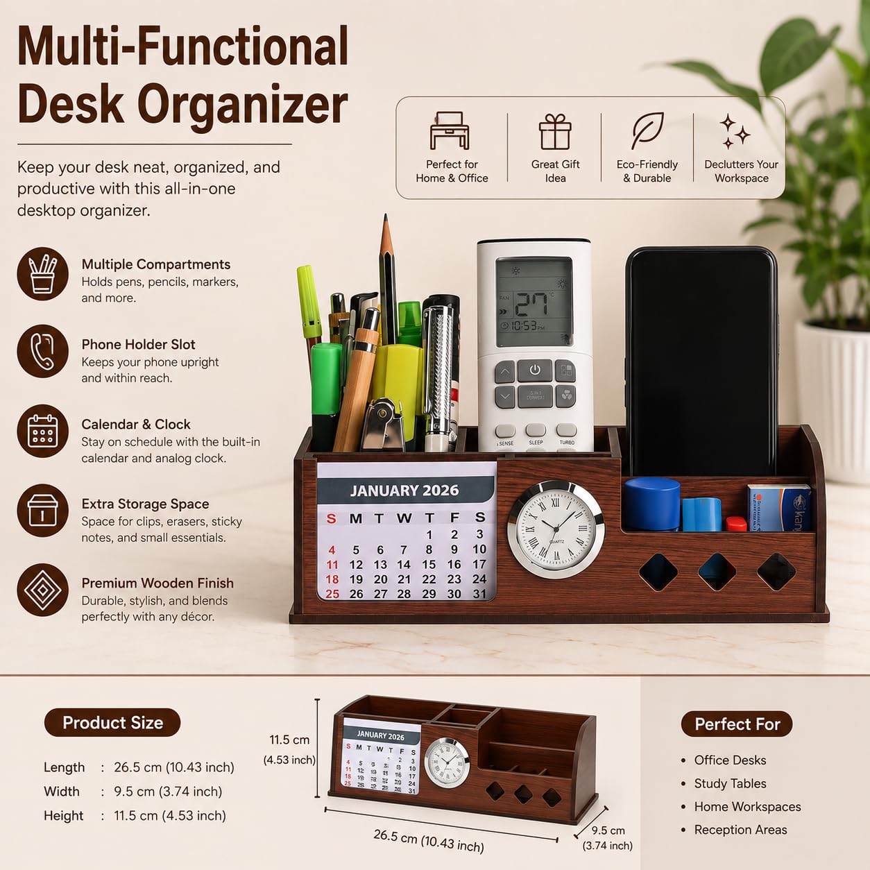 Wooden Desk Organizer with Mobile Stand, Pen Holder