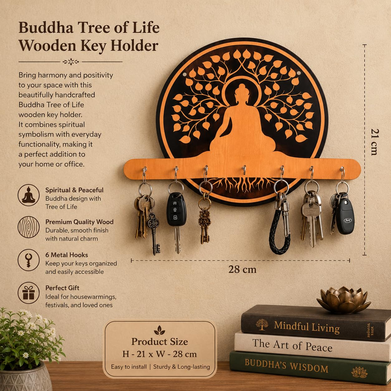 Buddha Wooden Key Holder for Wall | Decorative MDF Key Stand with 7 Hooks