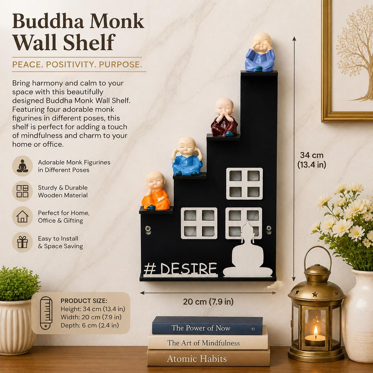 Wooden Buddha Monk Wall Shelf for Home Decor