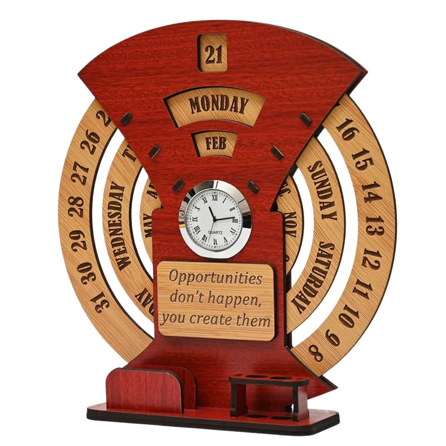 Wooden Perpetual Desk Calendar with Analog Clock & Pen Holder