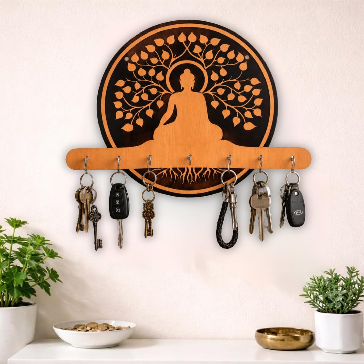 Buddha Wooden Key Holder for Wall | Decorative MDF Key Stand with 7 Hooks