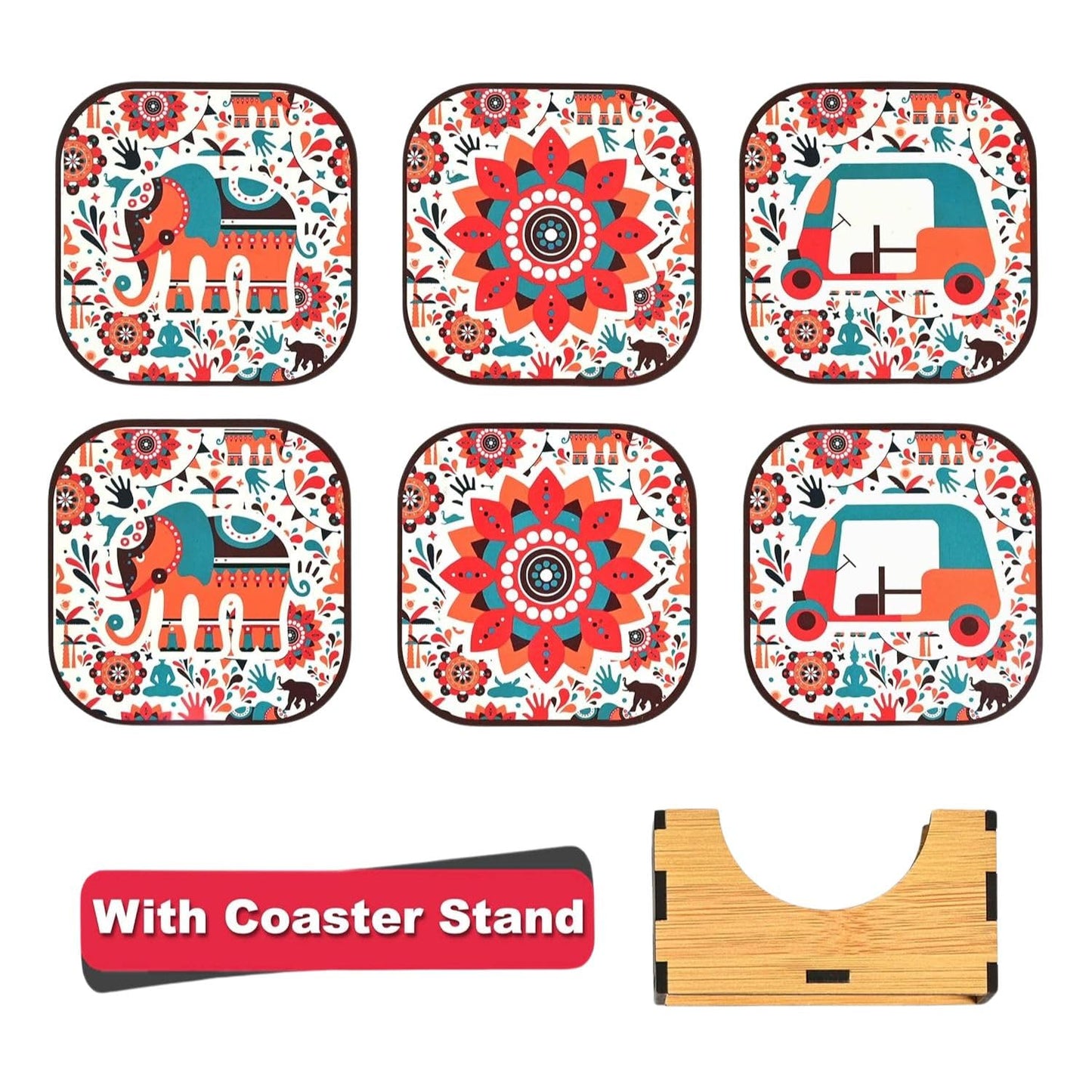 Motivational MDF Wooden Tea Coasters Set of 6 with Holder