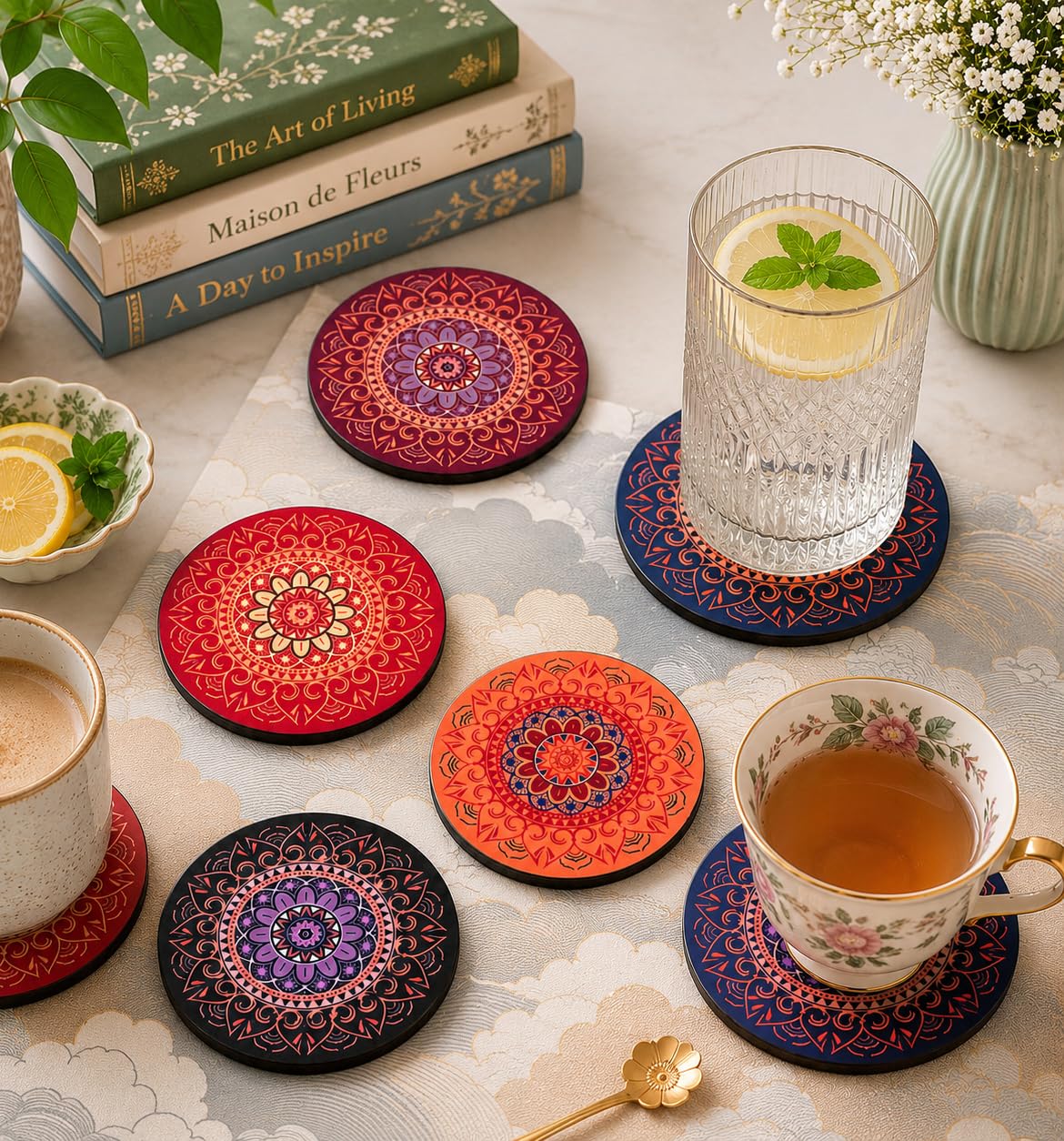 Mandala Art Wooden Tea Coasters Set OF 6 with Holder